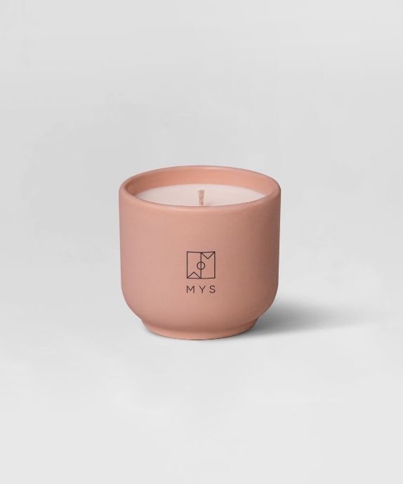 Mys vanilla and cotton candy scented soy candle in a ceramic pot