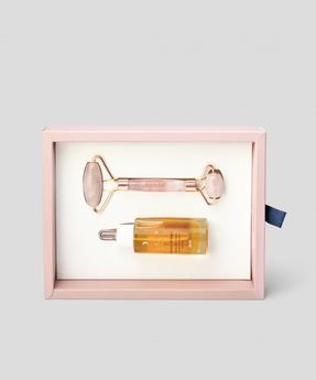 Nighttime Facial Serum and Rose Quartz Face Massage Roller Set Slaap