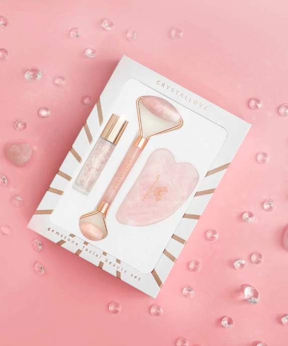 Face Roller + gua sha plate + roll-on bottle Rose kvarco grožio rinkinys Crystallove