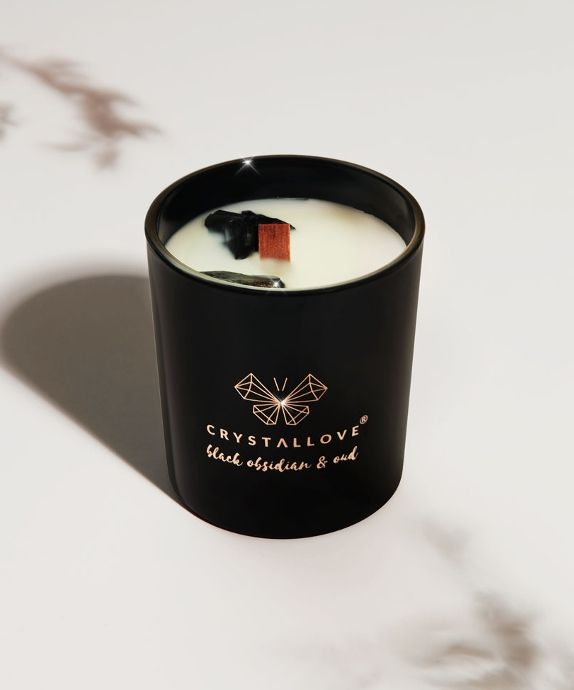 Soy Candle with Black Obsidian and Oud Wood Resin Scent in Glass Container Crystallove 