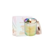 Soy Candle with Rainbow Fluorite and Pink Champagne in Glass Container Crystallove 